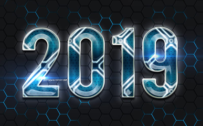 2019 blue digits, metal grid background, Happy New Year 2019, blue digits, 2019 digital art, 2019 concepts, 2019 on black background, 2019 year digits, HD wallpaper