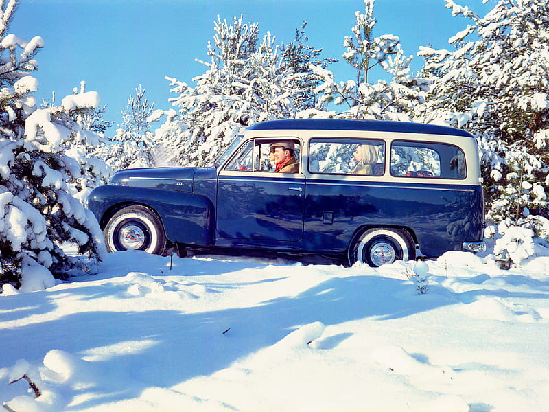 1958, Volvo, Pv445, Ph, Duett, Stationwagon, Retro, Winter / and Mobile Background, Retro Snow, HD wallpaper