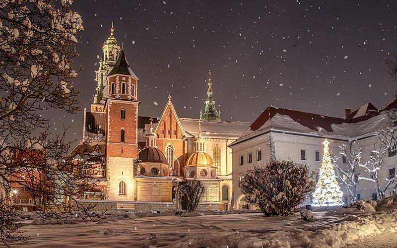 Wawel Castle at Christmas Time, Poland, castle, night, snow, Krakow, Christmas time, basilica, HD wallpaper