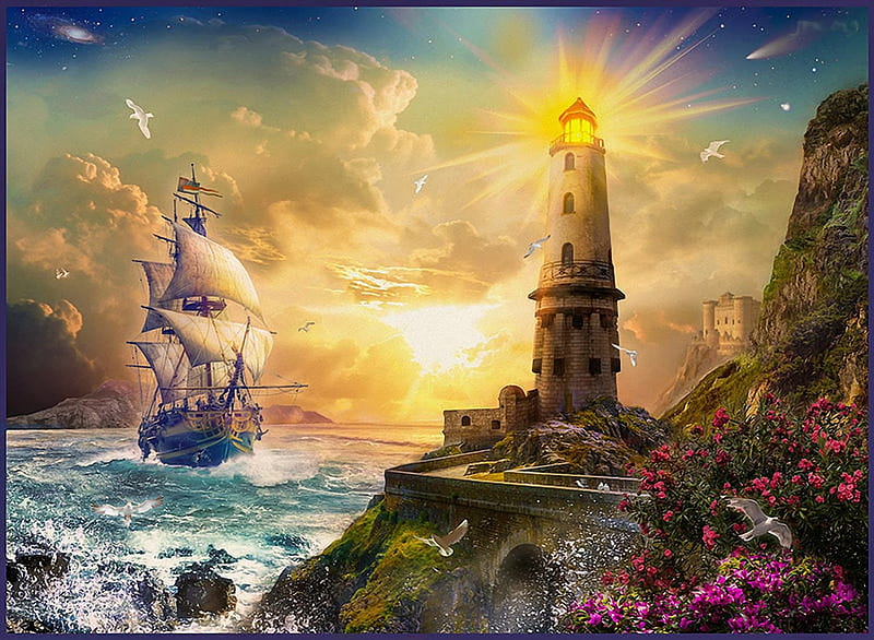 The Lighthouse, sun, ship, colors, sailing, sunset, sky, artwork, sea, painting, HD wallpaper