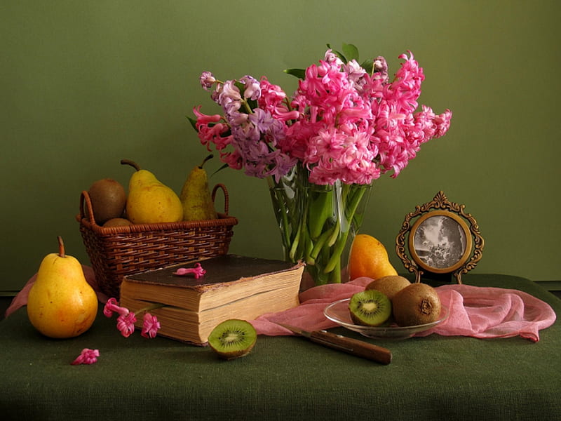 Still Life, hyacinth, pretty, colorful, kiwi, fruits, book, vase, bonito, knife graphy, flowers, beauty, pink, hyacinths, pink flowers, lovely, romantic, romance, colors, pears, basket, nature, petals, HD wallpaper