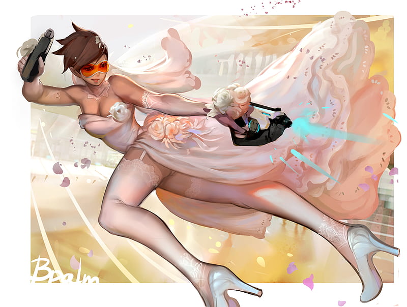 Wedding dress Tracer, games, overwatch, female, wedding dress, shooter, video game, game, xbox one, video games, wedding, character, fan art, ps4, blizzard, tracer, pc, HD wallpaper
