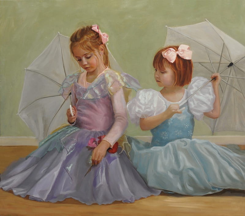 Sister's, umbrellas, hair, flowers, grown up, dresses, play, sweet, HD wallpaper
