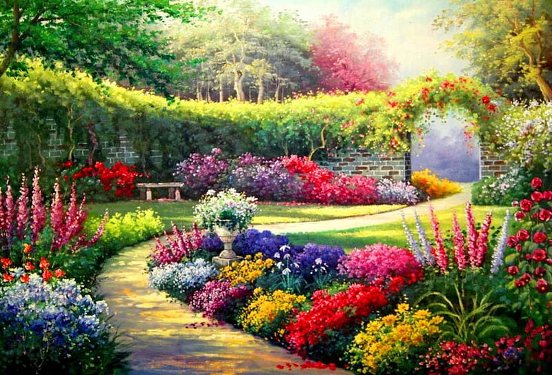Morning in the garden, pretty, art, bonito, spring, alleys, arch, paradise, painting, flowers, garden, walk, morning, HD wallpaper