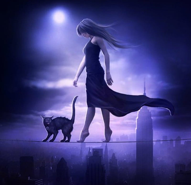 footsteps with attention, fantasy, cat, rope, girl, HD wallpaper