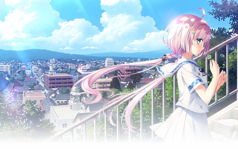 kokoro no katachi to iro to oto, visual novel, cityscape, stairs, clouds, cute anime girl, Anime, HD wallpaper
