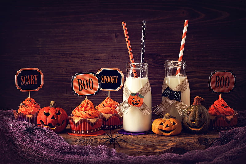 Happy Halloween!, cupcakes, sweets, food, orange, bottle, pumpkin, milk, dessert, halloween, HD wallpaper