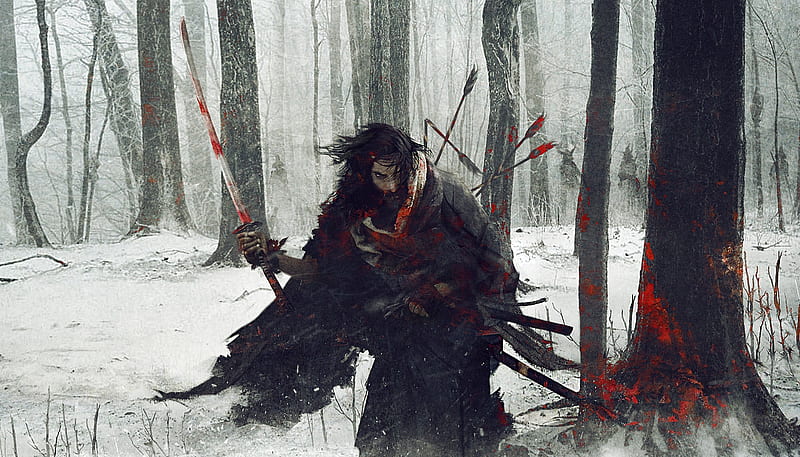 ronin, samurai, katana, fight, medieval, snow, winter, Fantasy, HD wallpaper