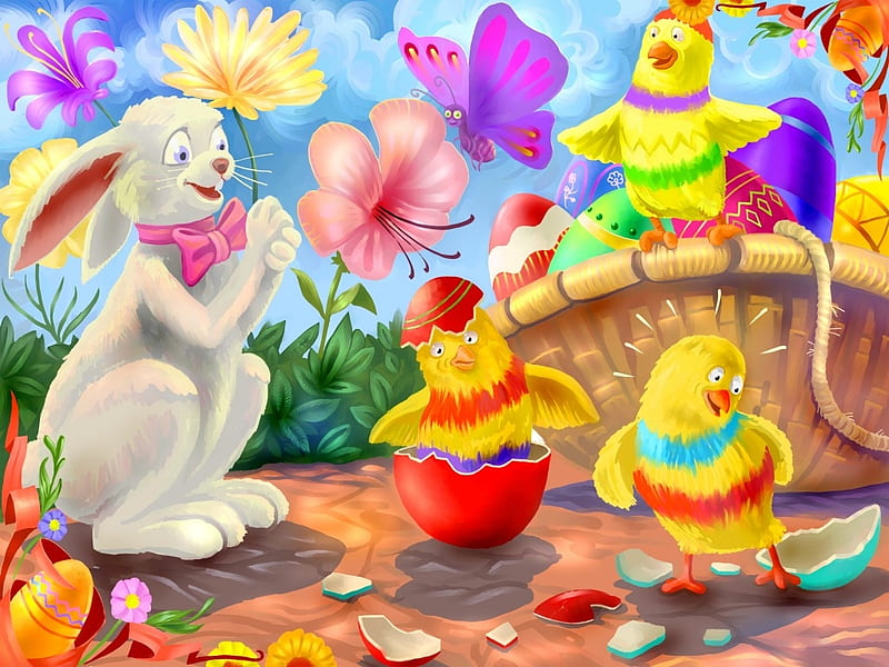 Happy Easter!, red, colorful, chicken, yellow, easter, spring, illustration, egg, butterfly, purple, flower, bunny, child, funny, blue, HD wallpaper