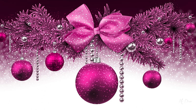 Christmas in Pink, Christmas, shine, chains, ribbons, bows, lights, sparkle, balls, decorations, pink, HD wallpaper