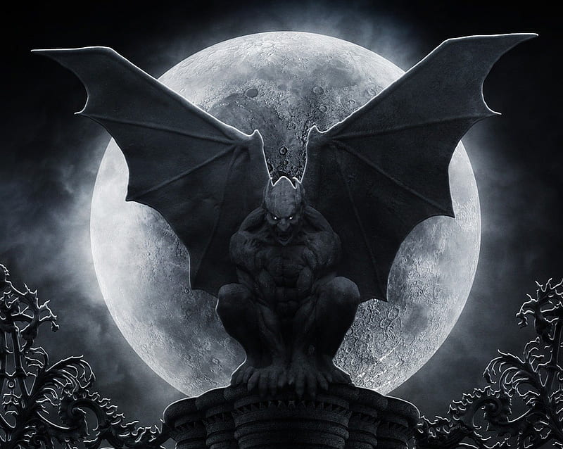 Gothic Gargoyle, goth, moon, wings, gothic, gargoyle, fantsy, night, HD wallpaper