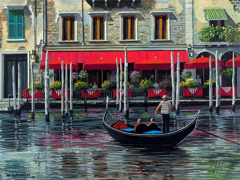 Italia, art, vacation, lovely, romantic, canal, town, bonito, water, painting, summer, flowers, river, reflection, gondola, HD wallpaper