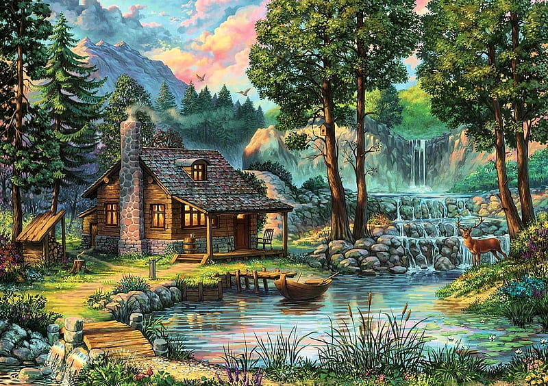 Fairytale House, cabin, river, cascade, deer, birds, sunset, sky, artwork, boat, bridge, mountains, painting, waterfall, HD wallpaper