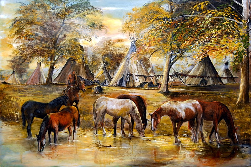 Native American Village, painting, Native American, village, abstract, HD wallpaper