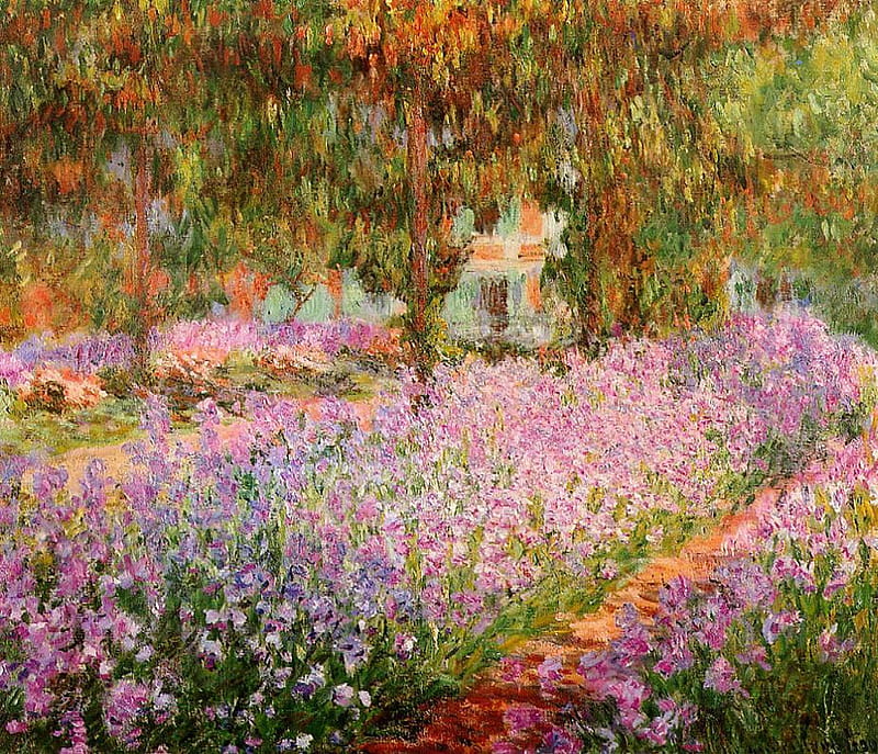 Monet Irises, garden, monet, irises, iris garden, HD wallpaper