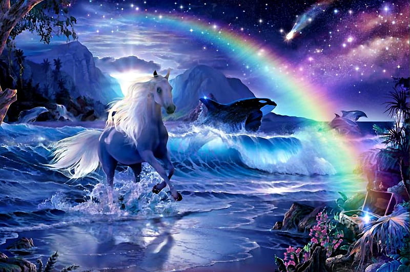 The quest of life, bonito, magic, rainbow, sea, beach, fantasy, quiest, blue, stars, art, lovely, life, ocean, waves, sky, horse, quest, dolphin, sands, HD wallpaper