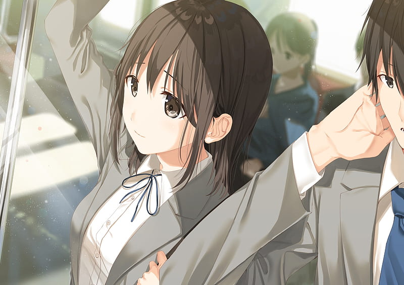 anime couple, school uniform, train, sunlight, Anime, HD wallpaper