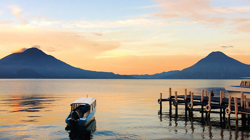 Lago de Atitlan, Guatemala, sunset, boat, hills, colors, clouds, pier, sky, water, HD wallpaper