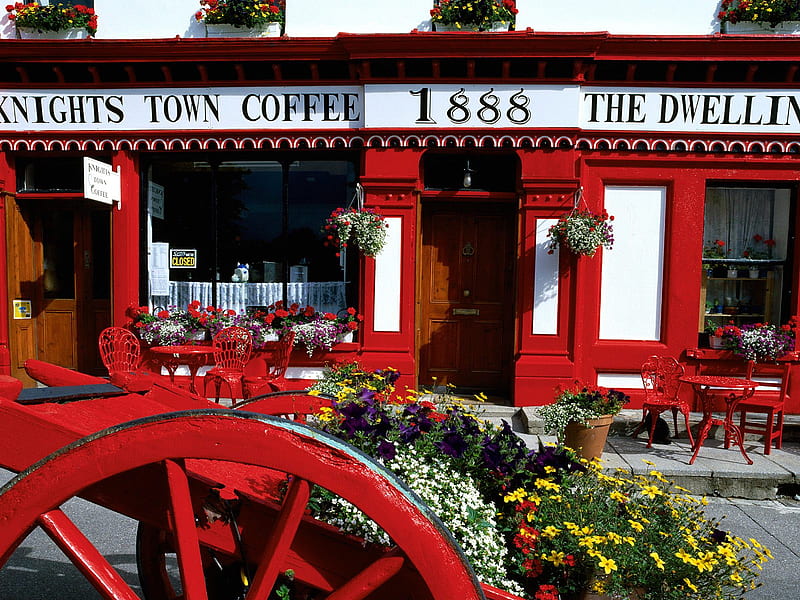 A Knightstown coffee shop, red, county kerry, ireland, knightstown, cart, flowers, coffee shop, 1888, HD wallpaper