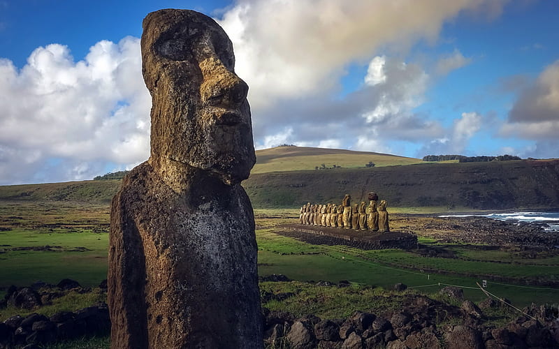 Ahu Tongariki, Easter Island, landmark, ancient sculptures, Rapanui, Chile, Island in the Pacific Ocean, HD wallpaper