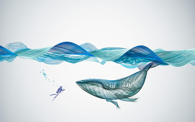 abstract waves, whale, diver, art, creative, HD wallpaper