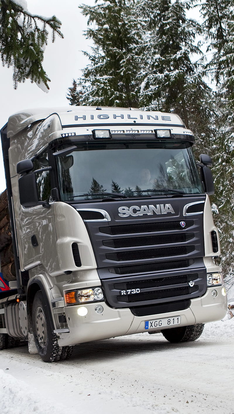 Scania R highline, landscape, lorry, scania, snow, trees, truck, winter, HD phone wallpaper