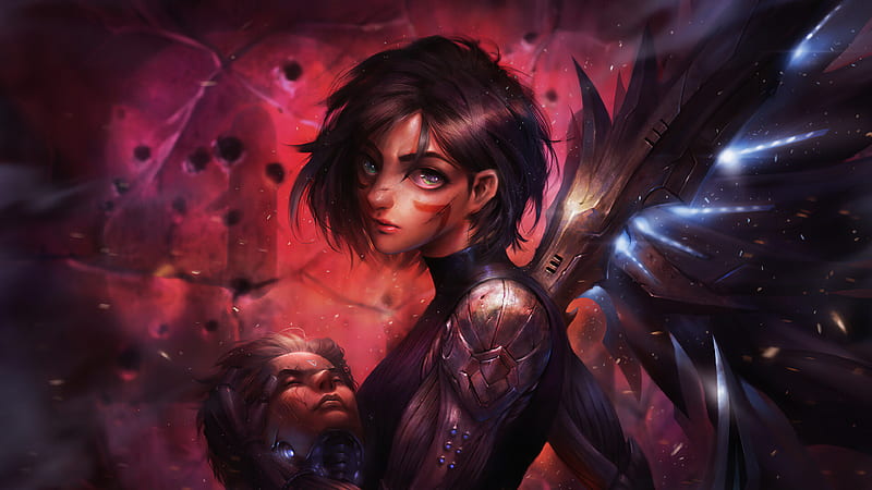 alita battle angel cyborg girl alita with background of crackle red wall movies, HD wallpaper