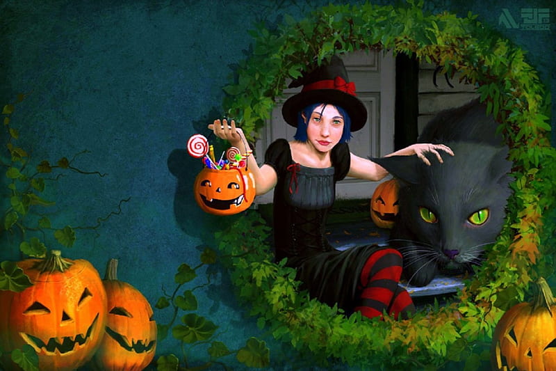 ☆ bruja y gato grande ☆, bonita, bruja, vacaciones, halloween, bonito, arte  digital, Fondo de pantalla HD | Peakpx