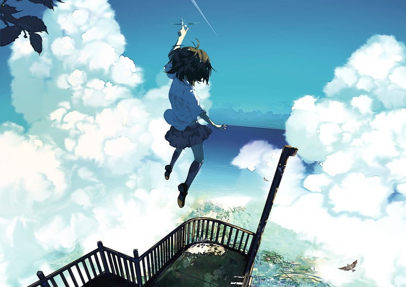 Fly away!, pretty, house, game, clouds, sweet, nice, fantasy, anime, beauty, anime girl, k on, life, skirt, sky, short hair, cute, water, ouse, fly away beautiful, sea, animal, city, dream, female, brown hair, fun, dom, beack, plane, bird, uniform, magical, HD wallpaper