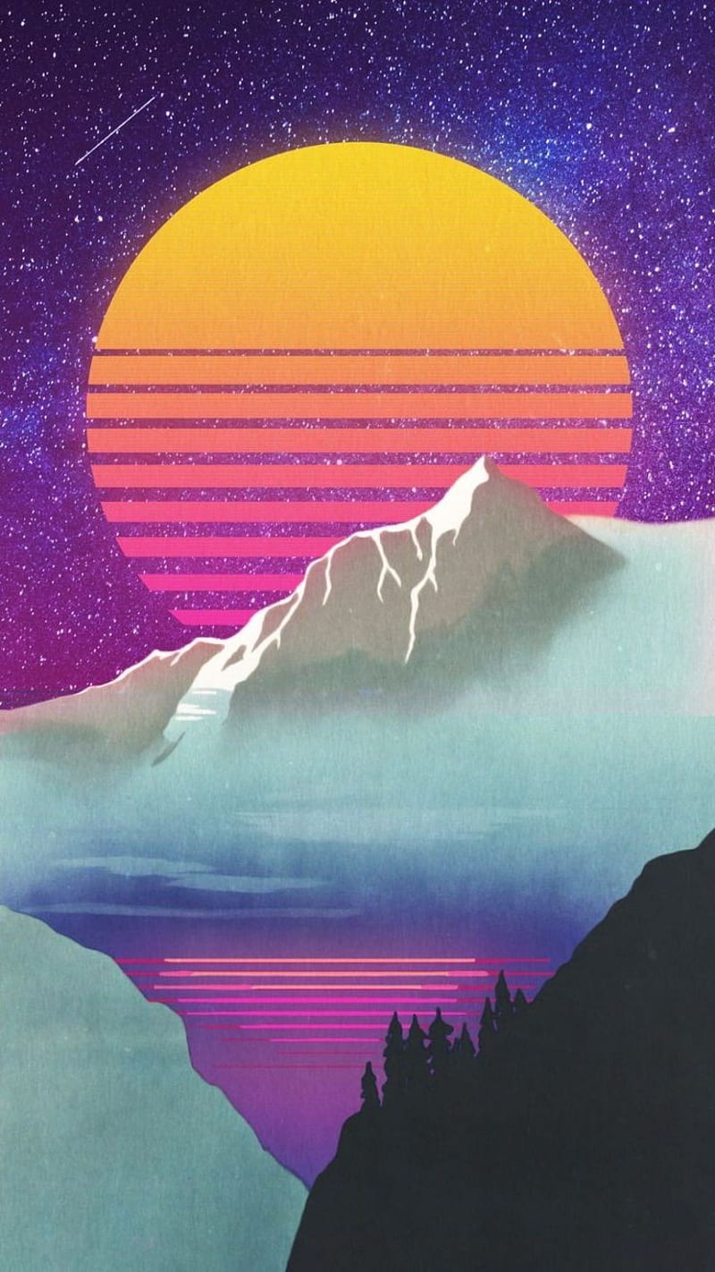 Mountain sun, sunset, sunshine, purple, aesthetic, stars, river, blue, bonito, HD phone wallpaper
