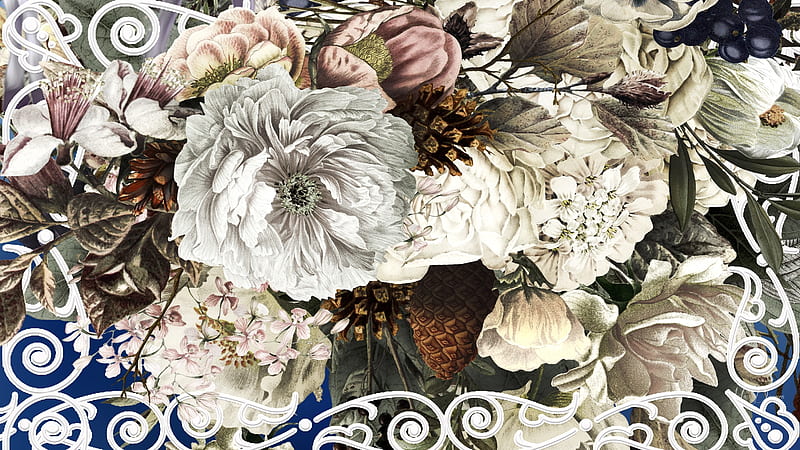 Framing Flowers, berries, frame, scrolls, flowers, summer, spring, floral, Firefox theme, fall, pine cones, HD wallpaper