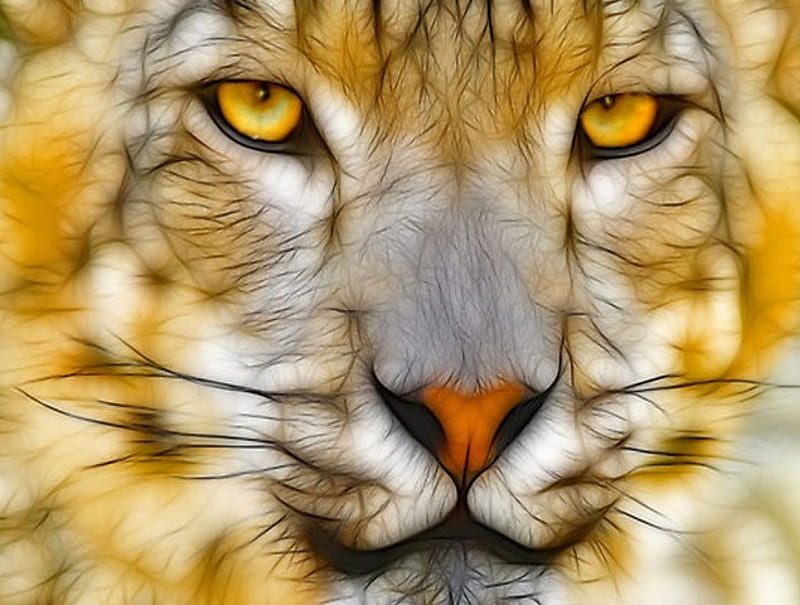 Golden eyes, big cat, cat, lion, fractal, HD wallpaper