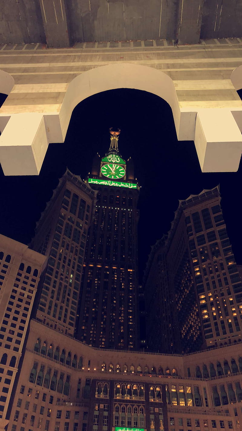clock tower, bulding, city, islam, ksa, makkah, moon, night, saudi, urban, HD phone wallpaper