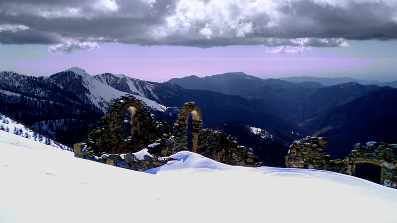 Snow ruins, mountain, ruins, french alps, snow, HD wallpaper