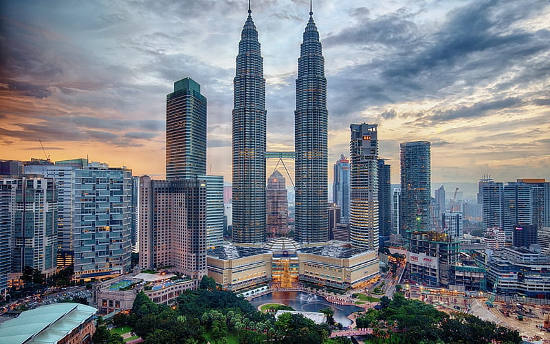 Kuala Lumpur, Malaysia, evening, Petronas Towers, skyscrapers, modern buildings, Kuala Lumpur cityscape, HD wallpaper