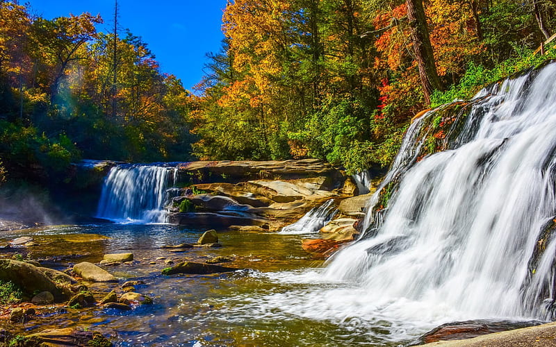 autumn, river, cascades, waterfalls, rocks, HD wallpaper