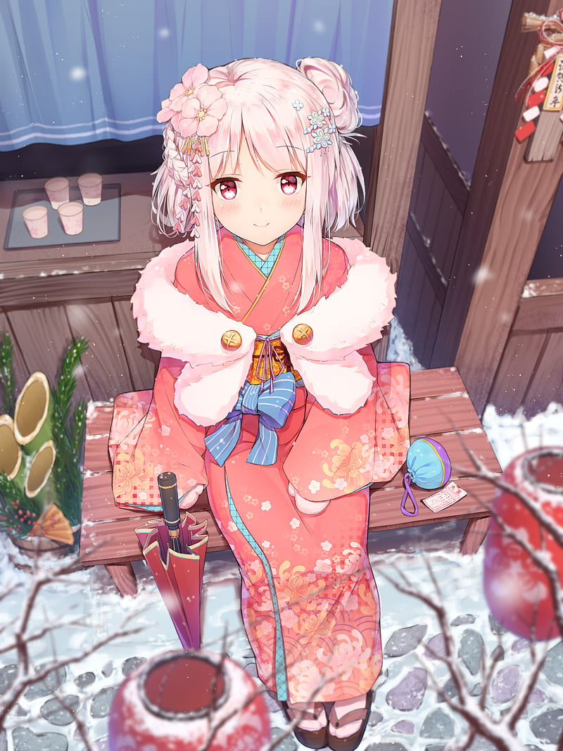 Kimono, New Year, anime, anime girls, Shenhai, smiling, pink hair, red  eyes, HD phone wallpaper | Peakpx