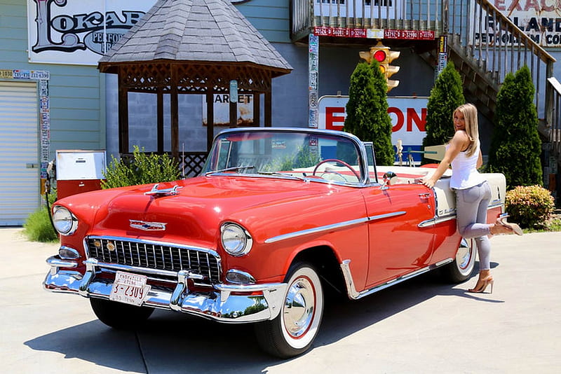 1955 Chevy Bel Air Convertible AACA Grand National Winner 265 V8 and Girl, V8, Red, National, Grand, Old-Timer, 265, Convertible, Car, Chevy, Girl, Winner, Bel Air, AACA, HD wallpaper