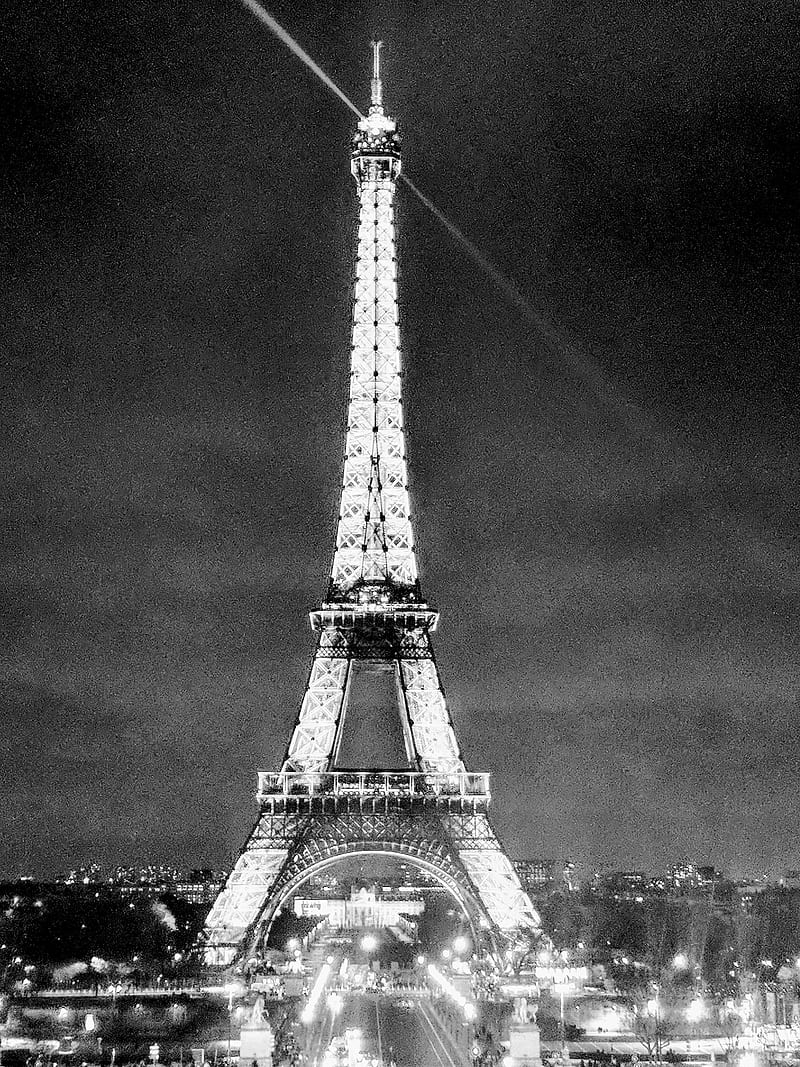 Eiffel Tower, black and white, night, paris, HD phone wallpaper