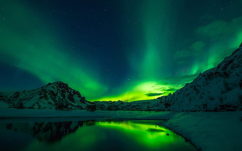 Northern lights, reflection, green, lake, lights, HD wallpaper