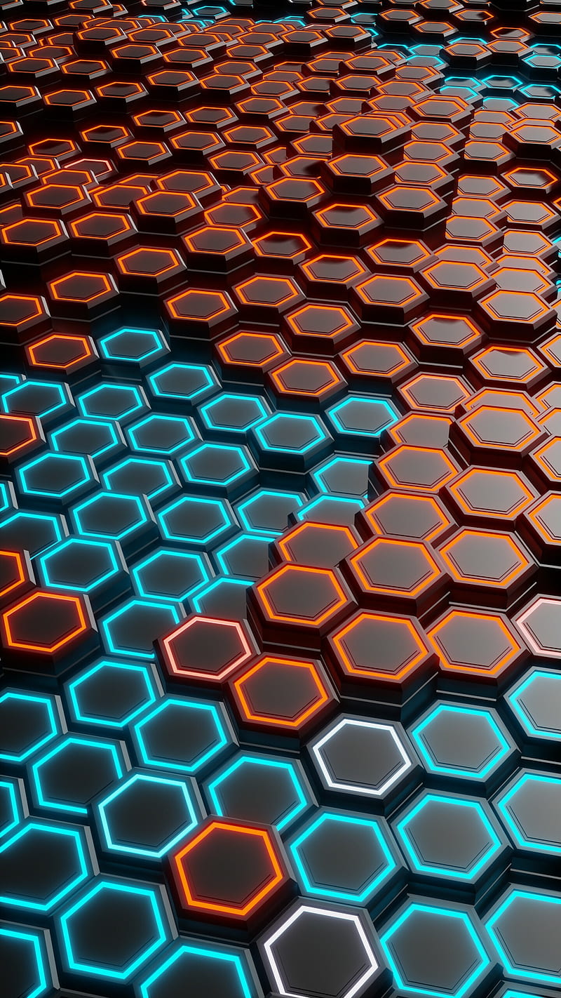 Hexagon, neon, techno, desenho, abstract, blue, red, HD phone wallpaper