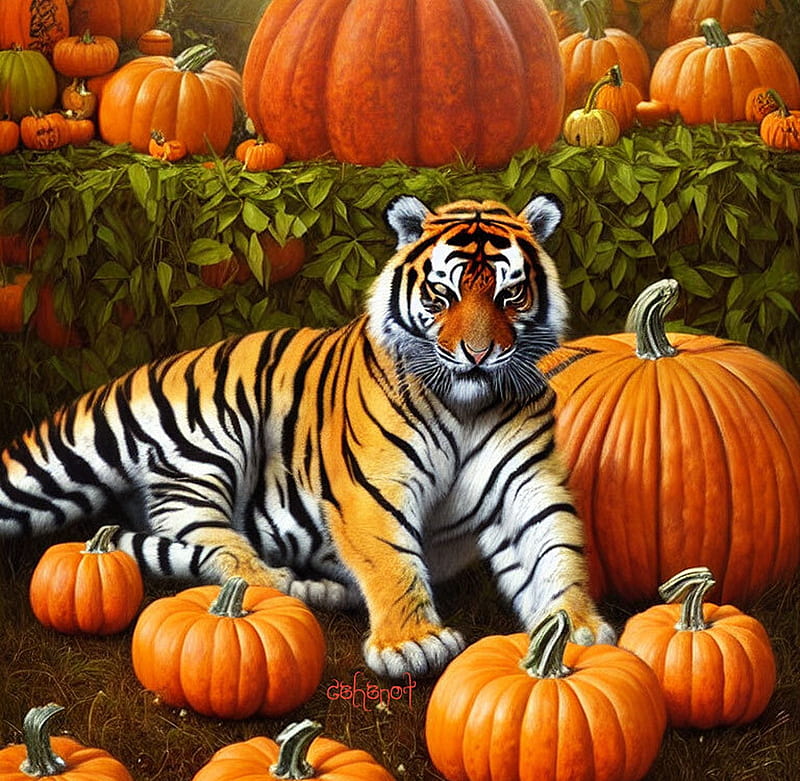 Guardian, by cehenot, frumusete, tiger, art, big cat, gorgeous, orange, cehenot, superb, halloween, pisici, autumn, tigru, toamna, HD wallpaper