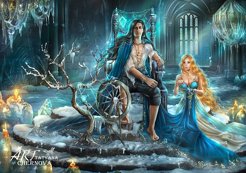 Spinner for the fairy king, king, spinner, fantasy, girl, tatyana chernova, man, couple, blue, luminos, HD wallpaper