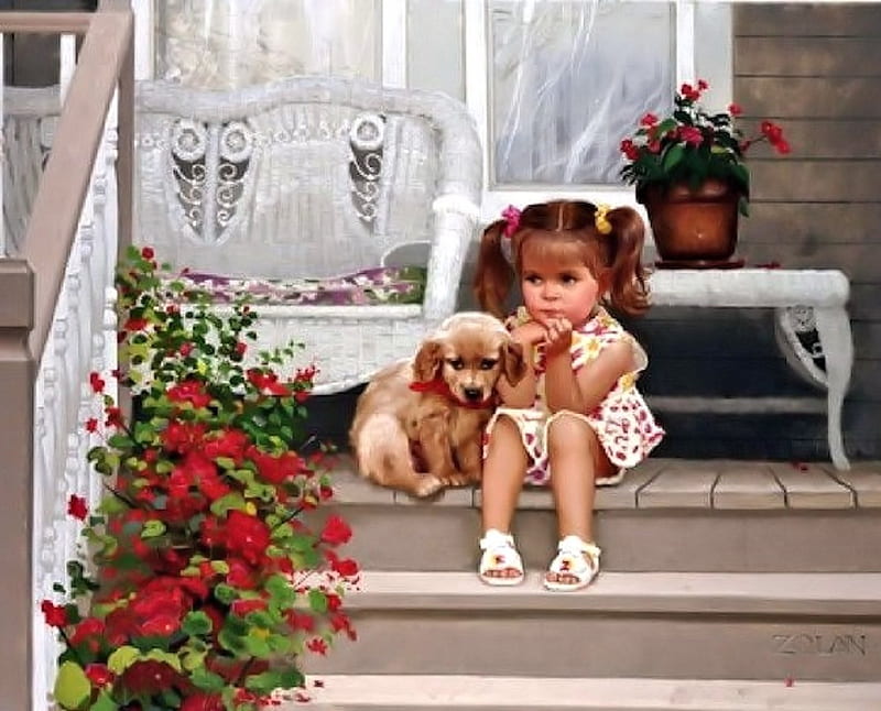 Art by Donald Zolan, Girl, Puppy, pretty, Art, HD wallpaper