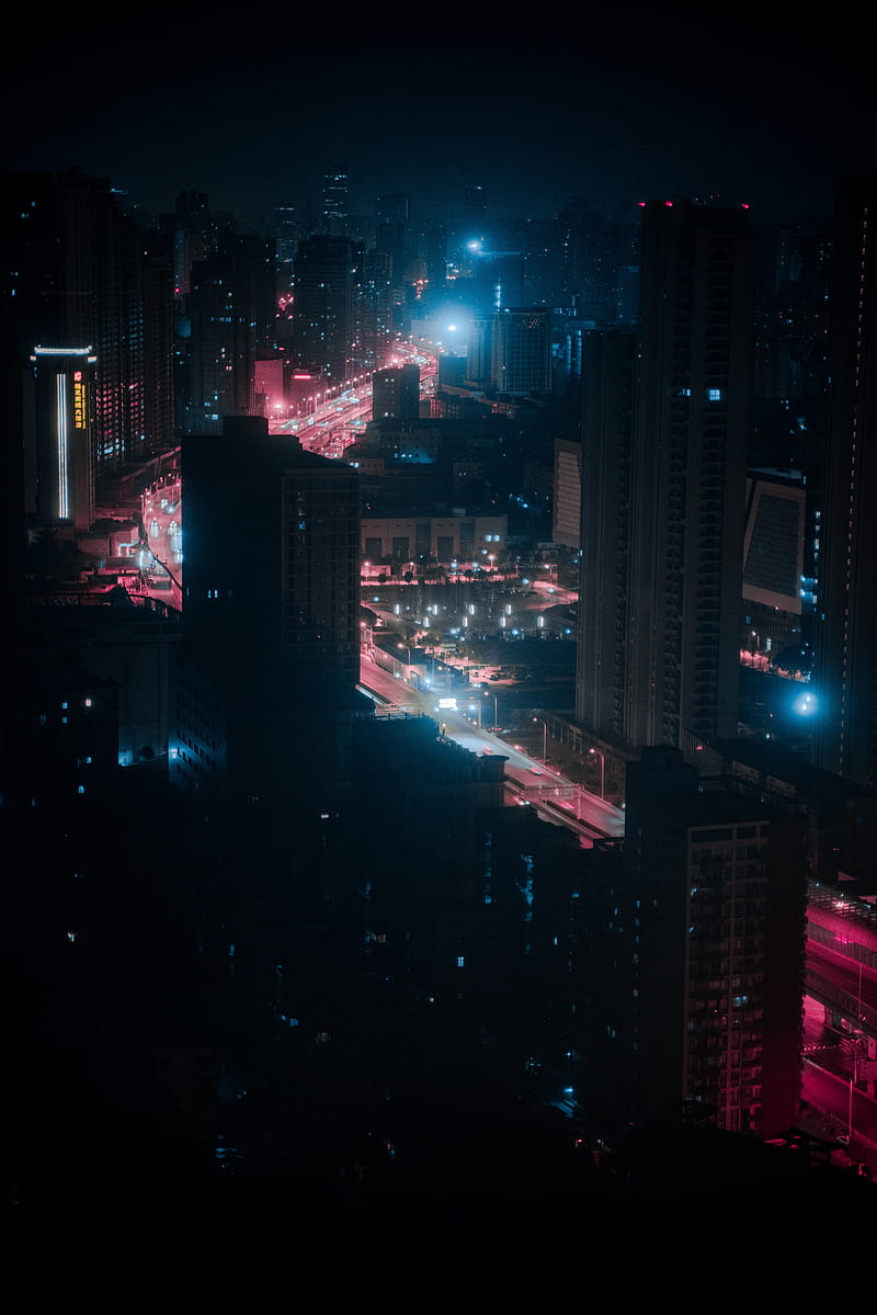 city, night, aerial view, buildings, lights, dark, HD phone wallpaper
