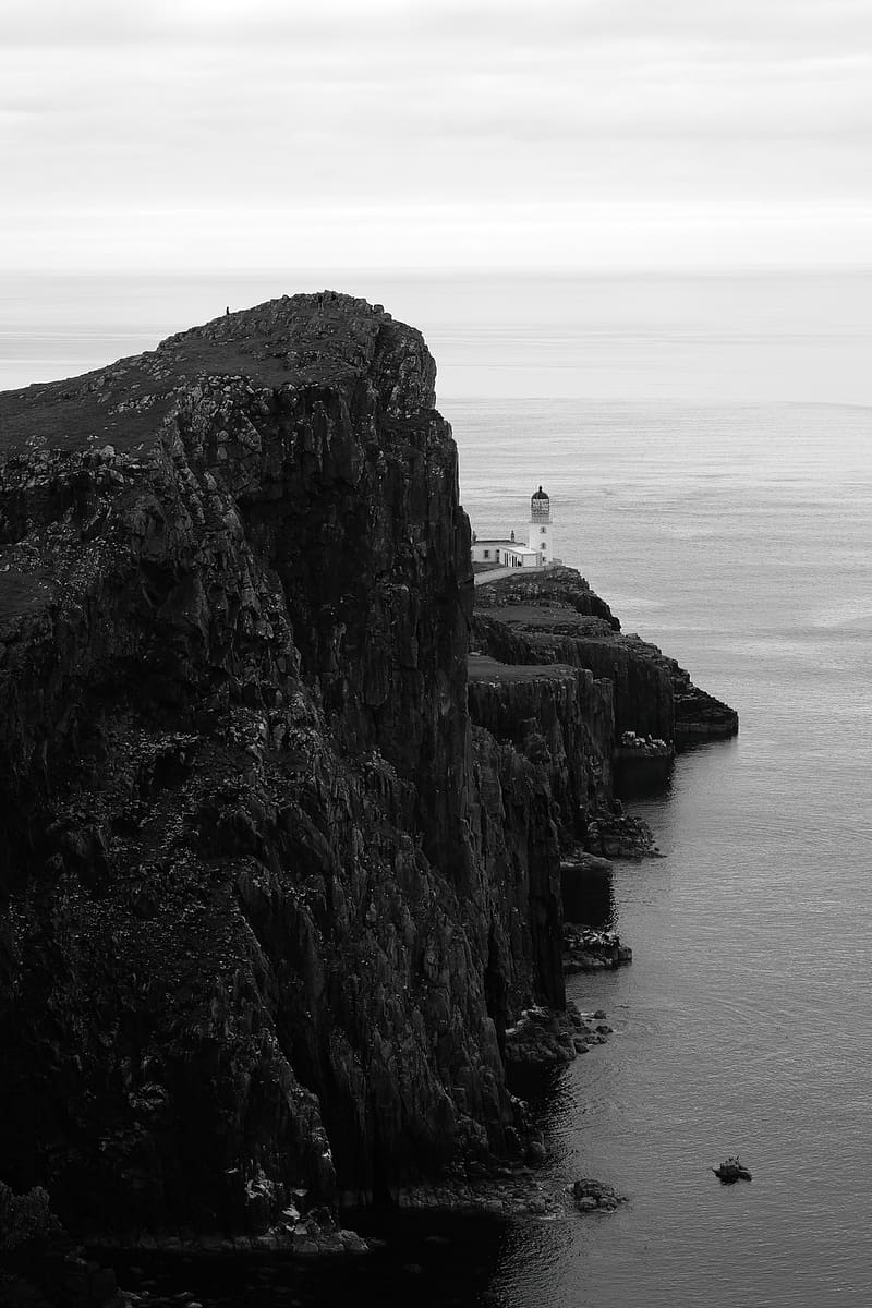 5K free download | Lighthouse, rock, cliff, sea, black and white, HD ...