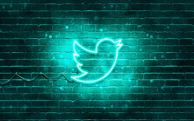 Twitter turquoise logo turquoise brickwall, Twitter logo, brands, Twitter neon logo, Twitter, HD wallpaper