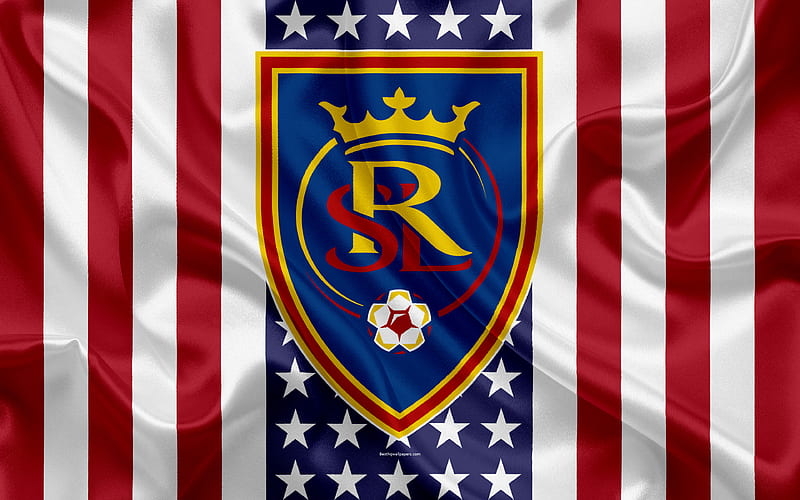 Real Salt Lake FC logo, emblem, silk texture, American flag, football club, MLS, Salt Lake City, Utah, USA, Major League Soccer, Western Conference, HD wallpaper