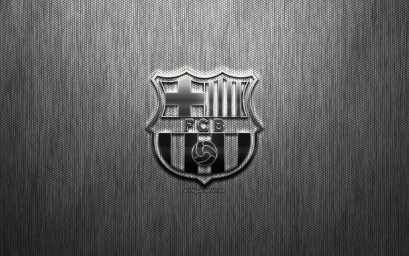 FC Barcelona, Catalan football club, steel logo, emblem, gray metal background, Barcelona, Catalonia, Spain, La Liga, football, Spanish football club, HD wallpaper