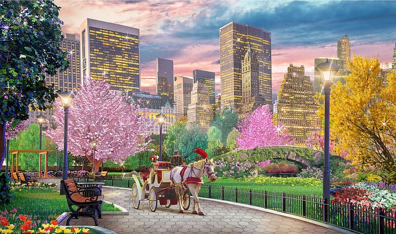 Carriage Ride in The City, city, ride, peaceful, flowers, Spring, lovely, carriage, Scenic, skyscrapers, HD wallpaper
